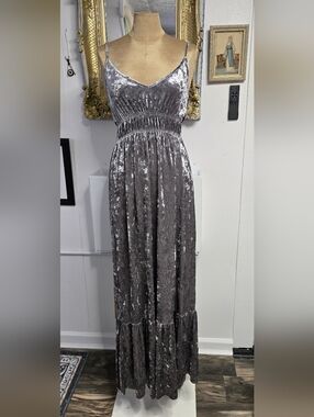 Romeo & Juliet Couture Silver Crushed Velvet Maxi Dress